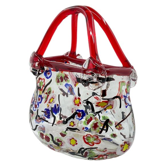 Murano Style Millefiori Red Art Glass Clutch Bag Purse Vase - Picture 4 of 6